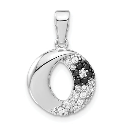Sterling Silver Rhodium Plated Black & White Cz Circle Pendant