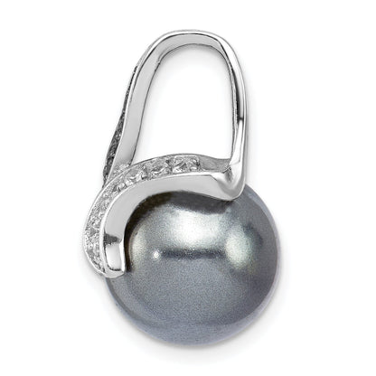Sterling Silver Rhod-Plated Blk/Wht Cz Blk Imitation Shell Pearl Pendant