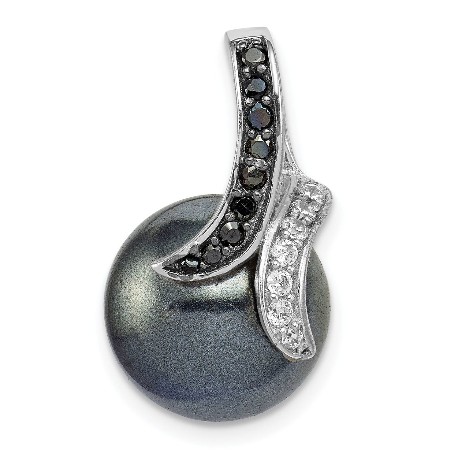 Sterling Silver Rhod-Plated Blk/Wht Cz Blk Imitation Shell Pearl Pendant