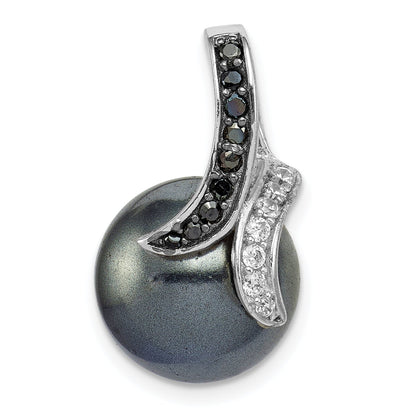 Sterling Silver Rhod-Plated Blk/Wht Cz Blk Imitation Shell Pearl Pendant