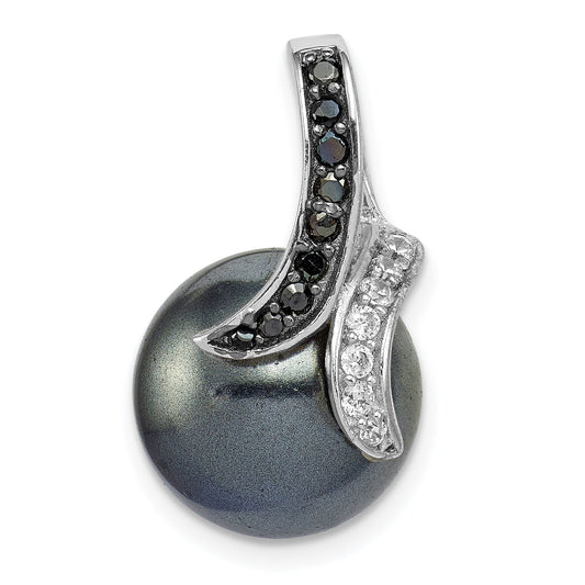 Sterling Silver Rhod-Plated Blk/Wht Cz Blk Imitation Shell Pearl Pendant