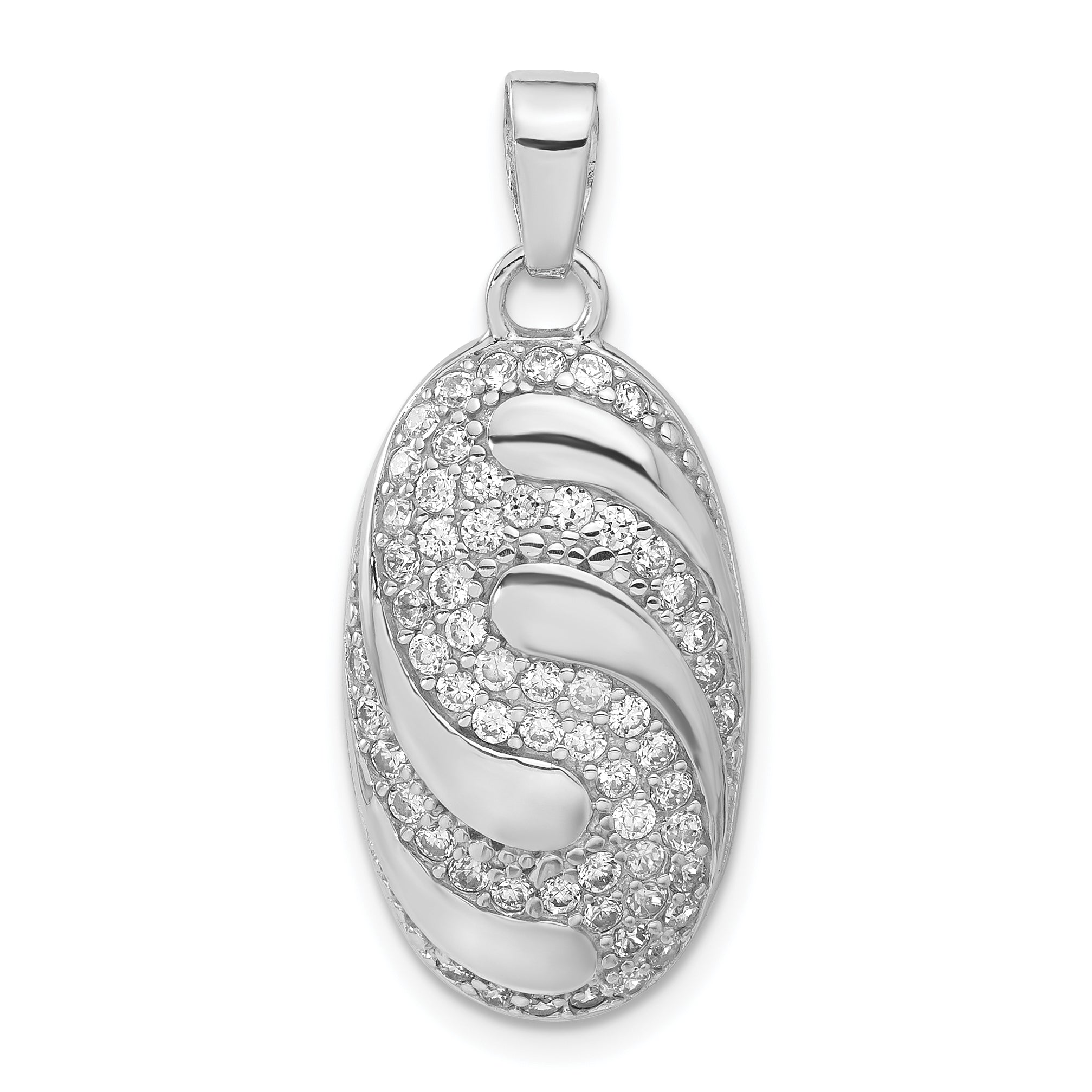 Sterling Silver Rhodium-Plated Cz Oval Swirl Design Pendant