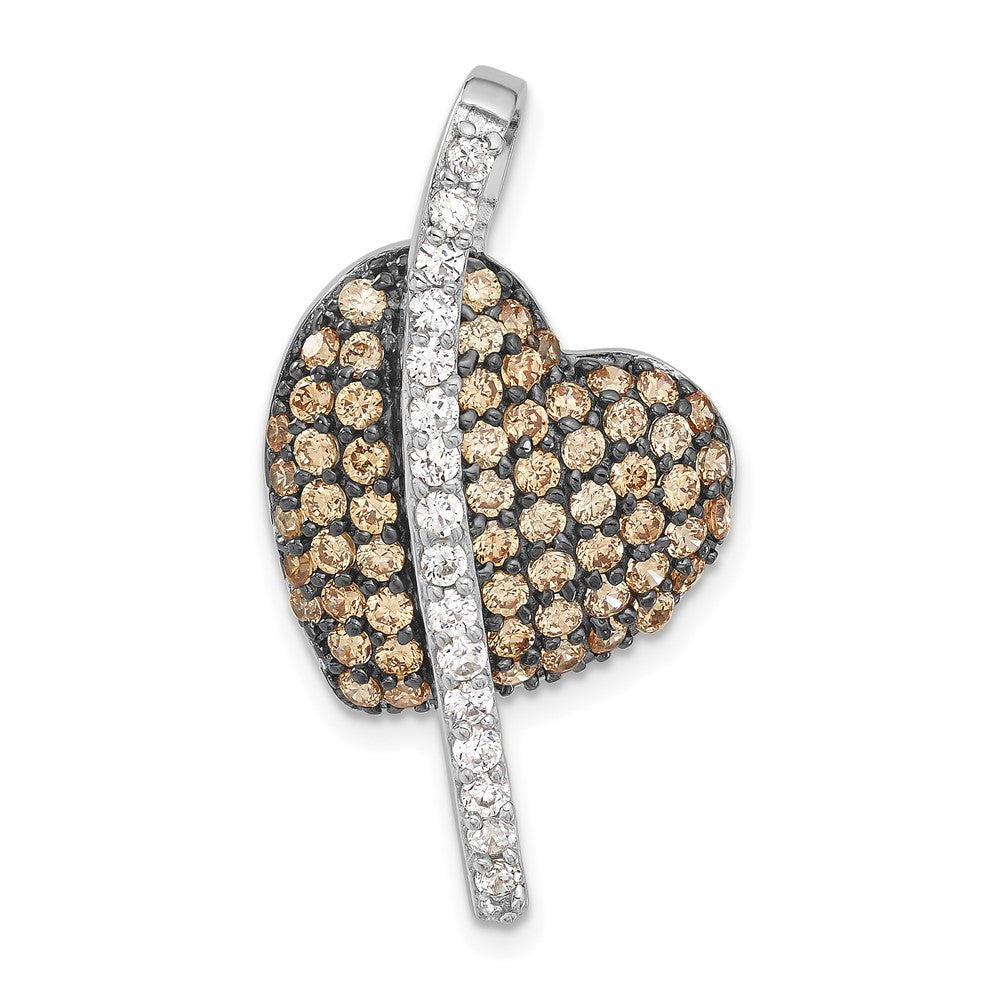 Sterling Silver W/ Black Rhodium Champagne & Clear Cz Heart Pendant