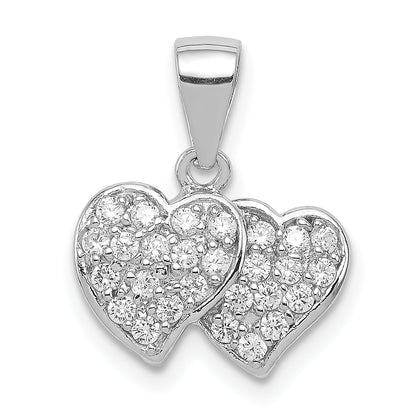 Sterling Silver Rhodium-Plated Cz Small Double Hearts Pendant