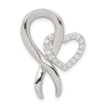 Sterling Silver Rhod-Plated Cz Heart/Breast Cancer Ribbon Chain Slide