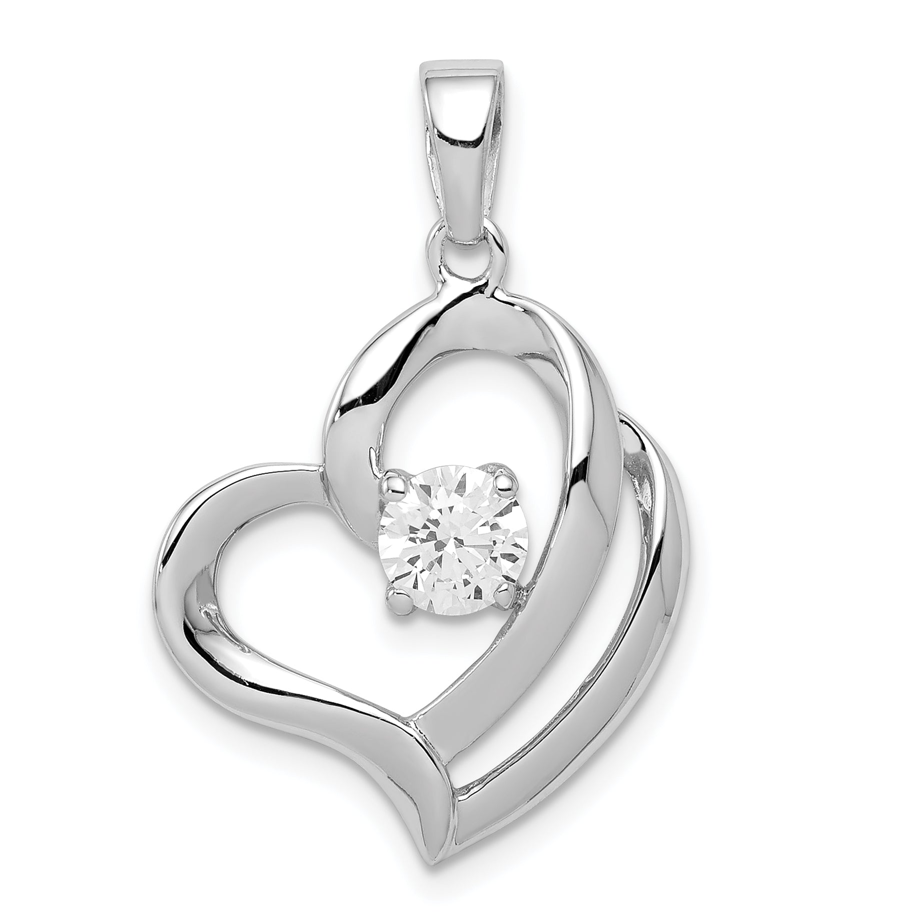 Sterling Silver Rhodium Plated Cz Heart Pendant