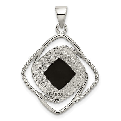 Sterling Silver Rhodium-Plated Onyx Square Pendant