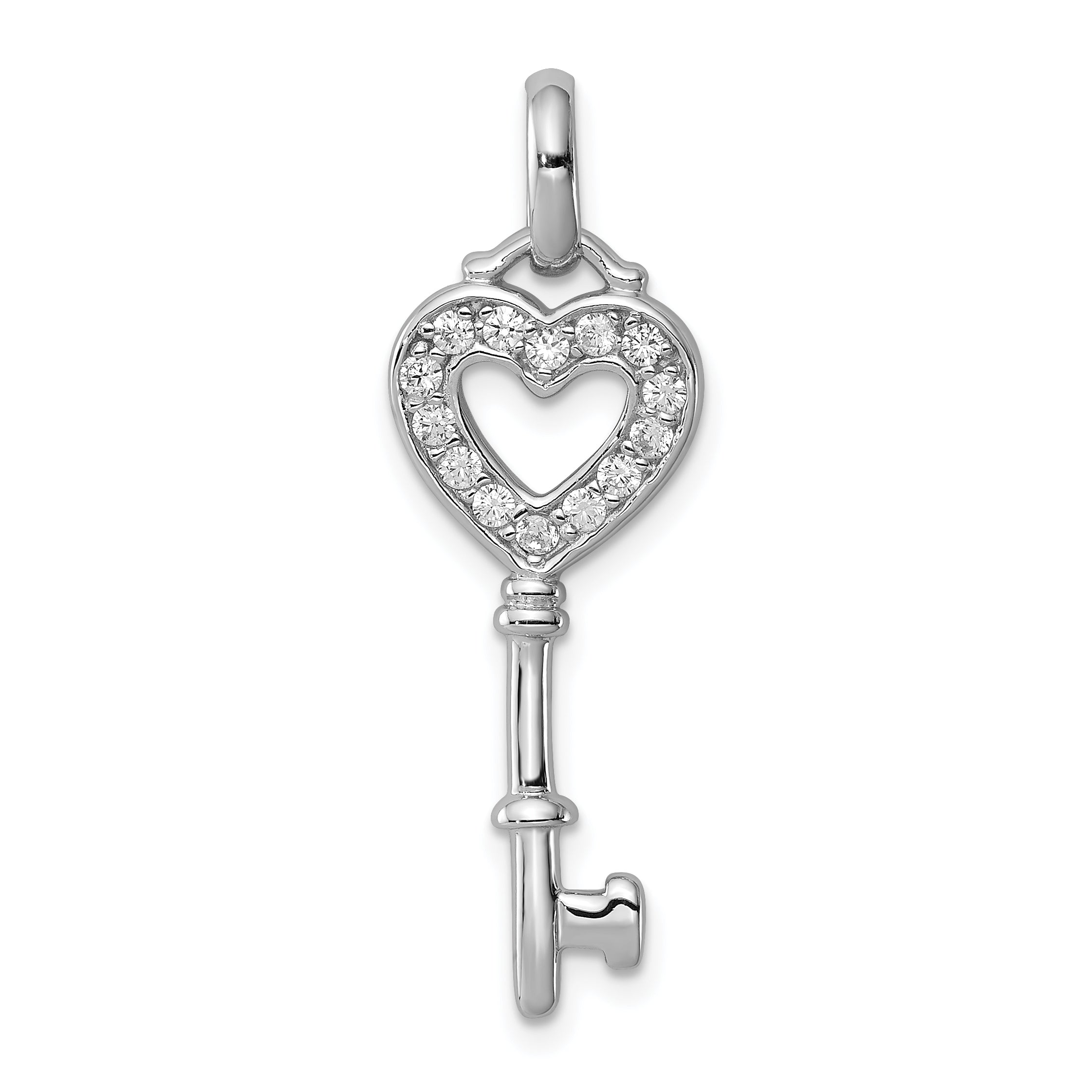 Sterling Silver Rhodium Plated Cz Key Pendant