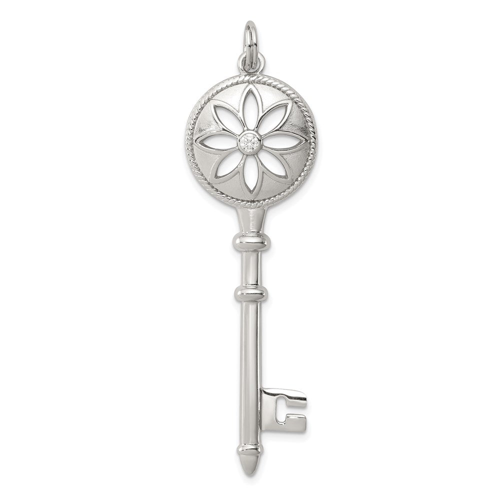 Sterling Silver Rhodium-Plated Cz Key Pendant