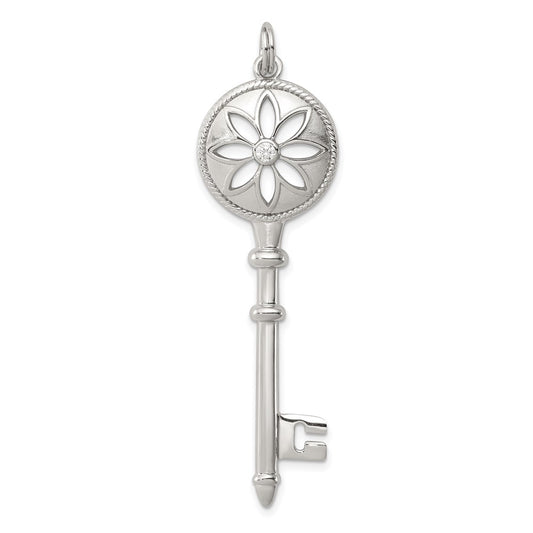 Sterling Silver Rhodium-Plated Cz Key Pendant