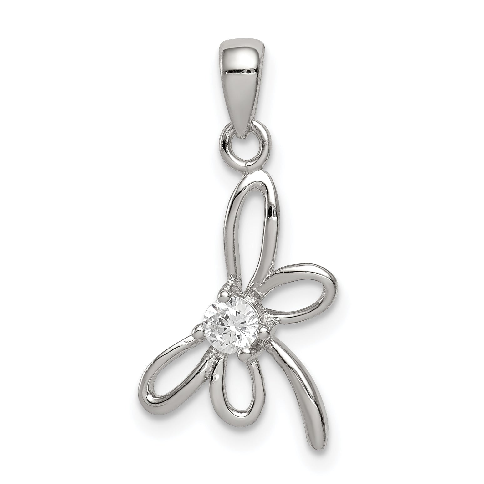 Sterling Silver Rhodium-Plated Dragonfly W/ Cz Center Pendant