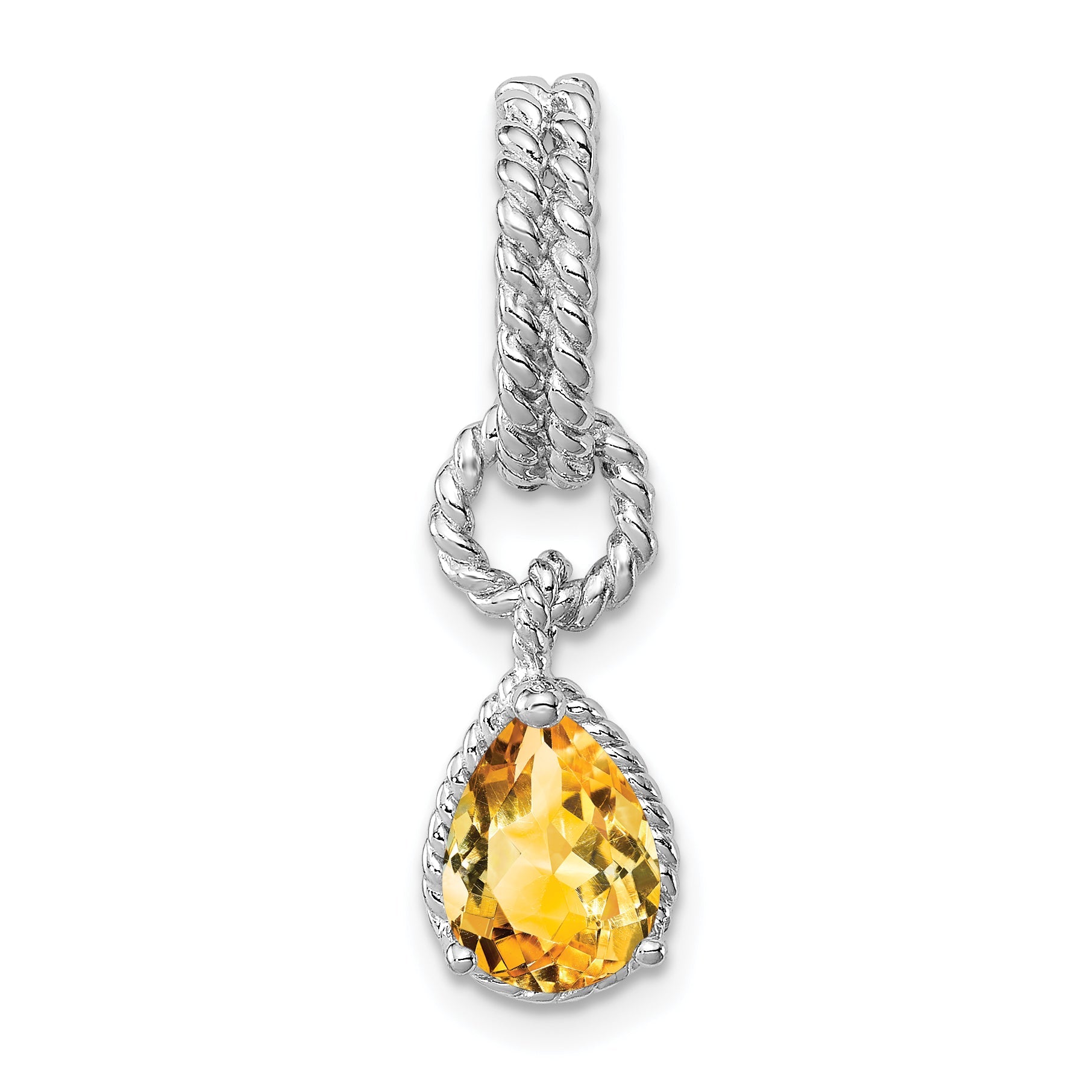 Sterling Silver Rhodium Citrine Pear Twisted Pendant