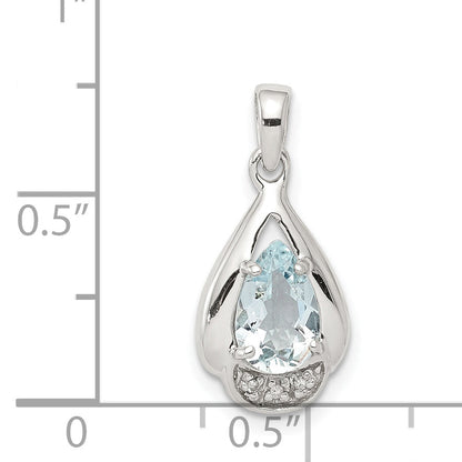 Sterling Silver Rhodium Plated Diamond And Aquamarine Pendant