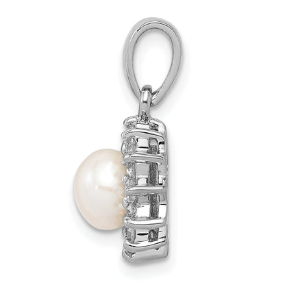 Sterling Silver Rhodium Plated Fw Cultured Pearl & Cz Pendant