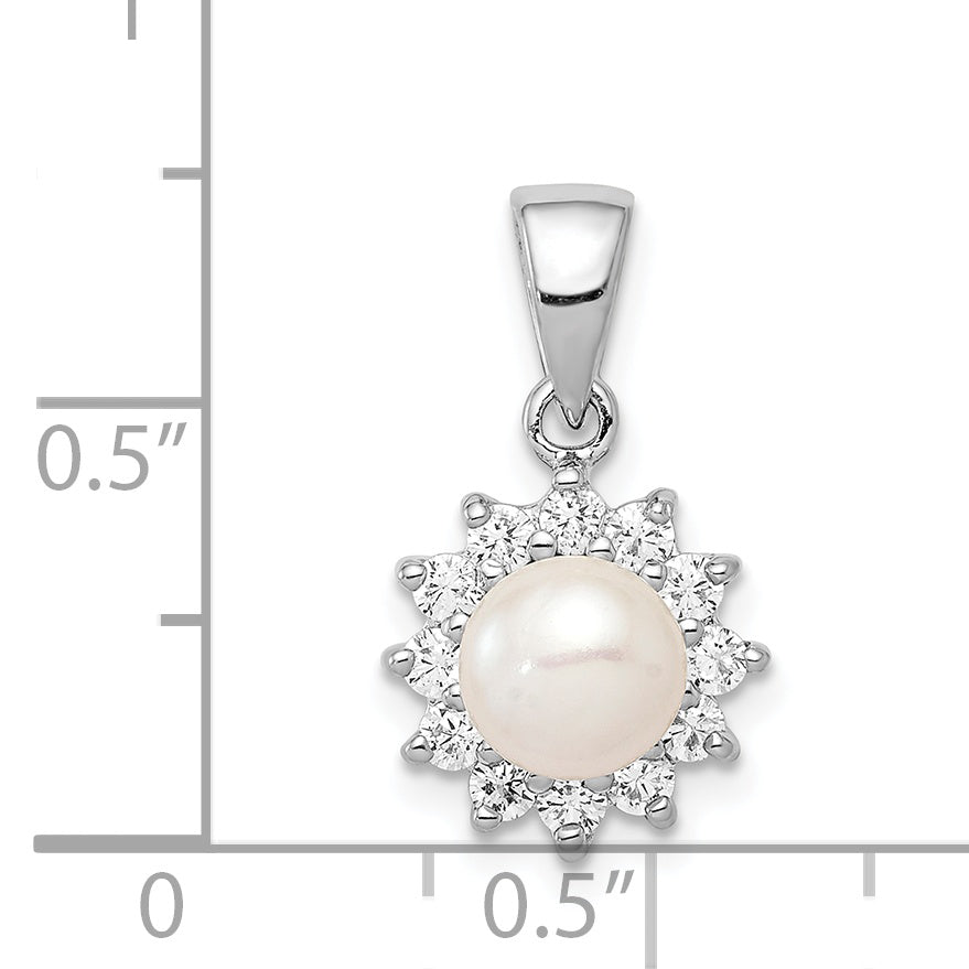 Sterling Silver Rhodium Plated Fw Cultured Pearl & Cz Pendant