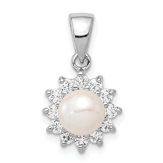 Sterling Silver Rhodium Plated Fw Cultured Pearl & Cz Pendant