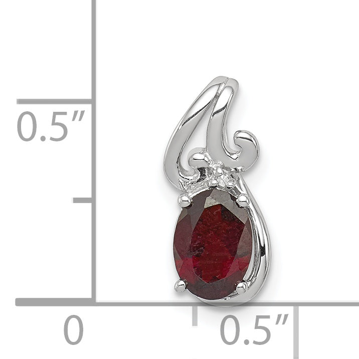 Sterling Silver Rhodium Plated Diamond & Garnet Oval Pendant