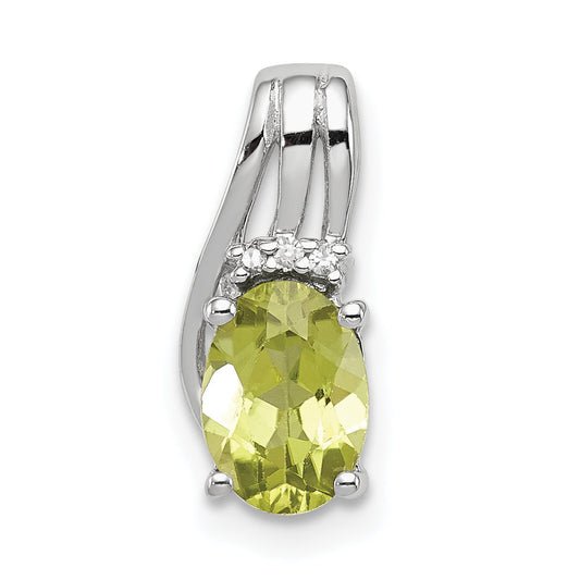 Sterling Silver Rhodium Plated Diamond And Peridot Oval Pendant