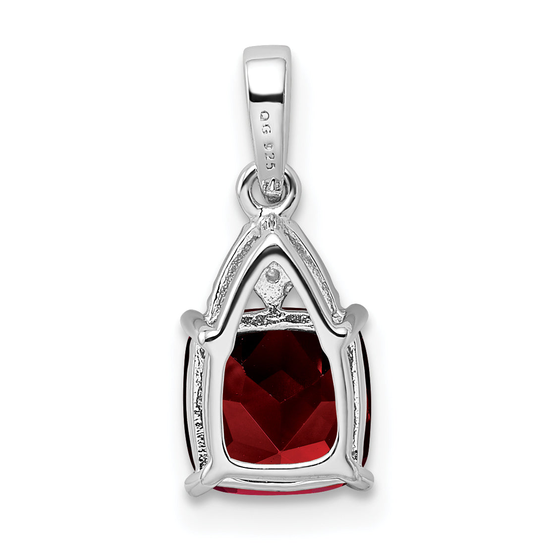 Sterling Silver Rhodium Plated Diamond Garnet Cushion Pendant