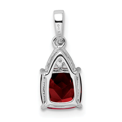 Sterling Silver Rhodium Plated Diamond Garnet Cushion Pendant