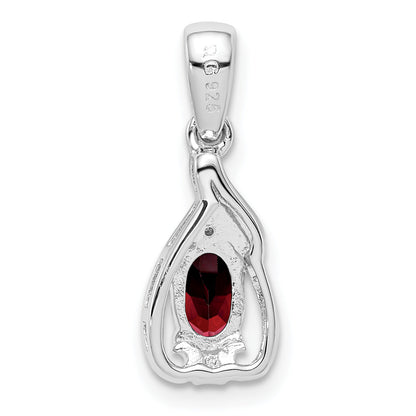 Sterling Silver Rhodium Plated Diamond & Garnet Oval Pendant