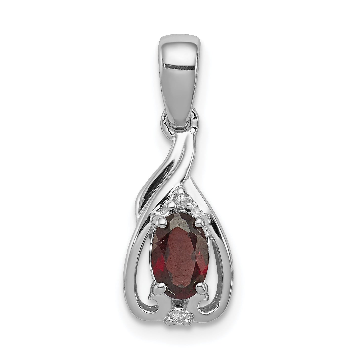 Sterling Silver Rhodium Plated Diamond & Garnet Oval Pendant