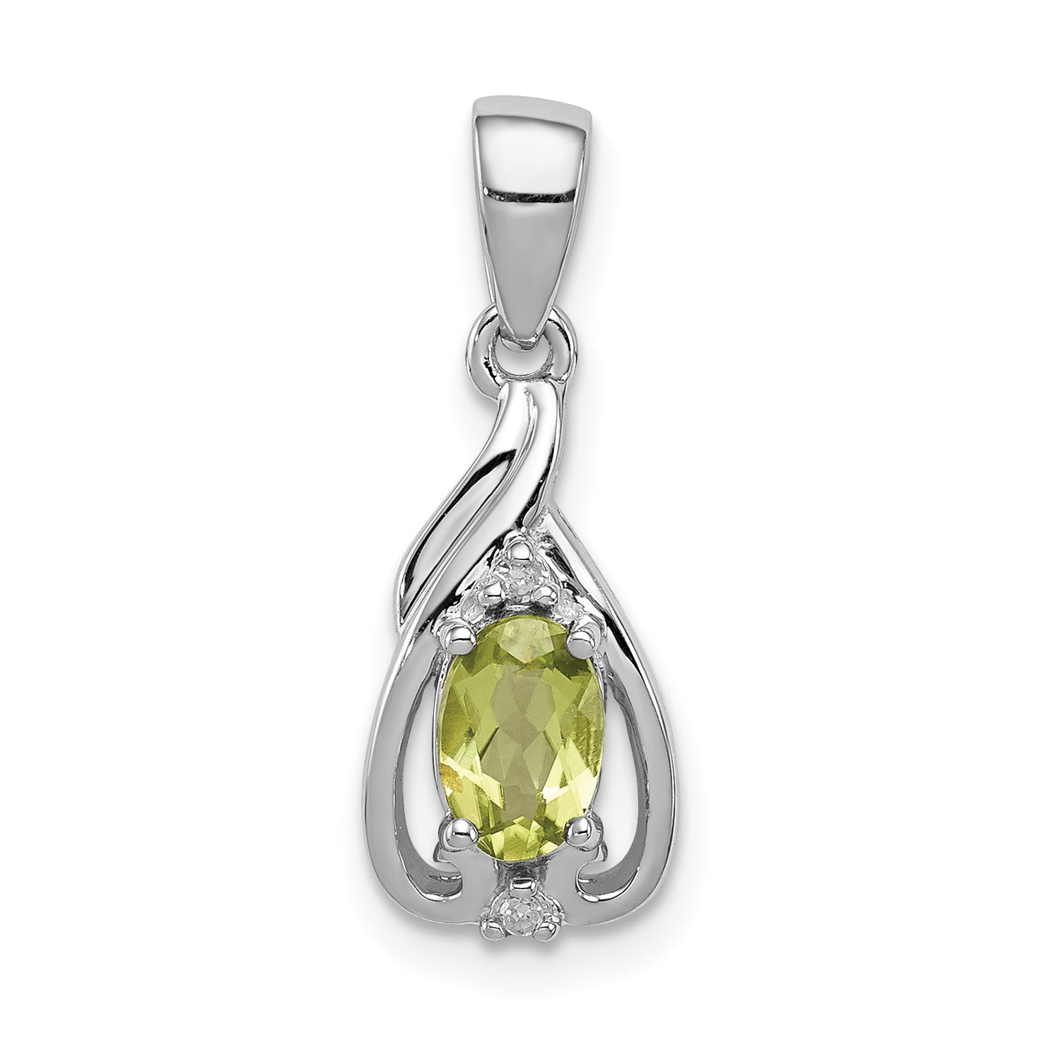 Sterling Silver Rhodium Plated Diamond And Peridot Oval Pendant