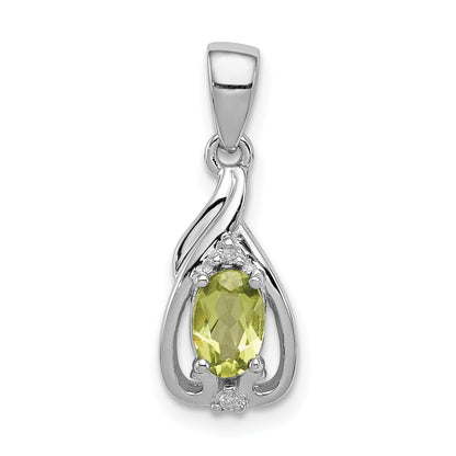 Sterling Silver Rhodium Plated Diamond And Peridot Oval Pendant