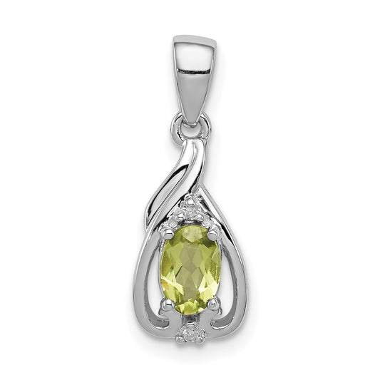 Sterling Silver Rhodium Plated Diamond And Peridot Oval Pendant