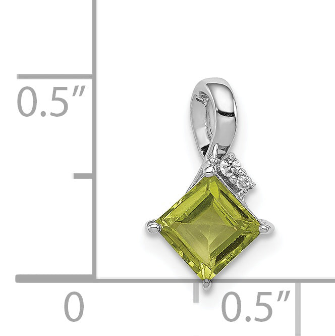 Sterling Silver Rhodium Plated Diamond And Peridot Square Pendant