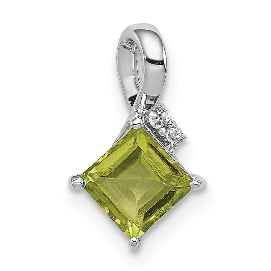 Sterling Silver Rhodium Plated Diamond And Peridot Square Pendant