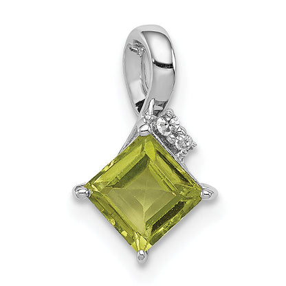 Sterling Silver Rhodium Plated Diamond And Peridot Square Pendant