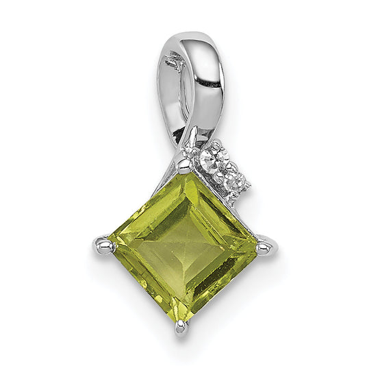 Sterling Silver Rhodium Plated Diamond And Peridot Square Pendant