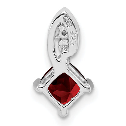 Sterling Silver Rhodium Plated Diamond & Garnet Square Pendant