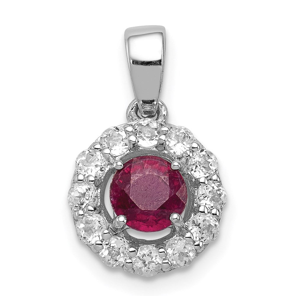 Sterling Silver Rhodium-plated White Topaz & Glass Filled Ruby Pendant