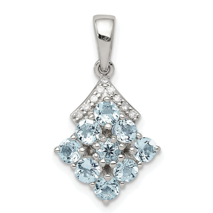 Sterling Silver Rhodium Plated Diamond & Aquamarine Pendant