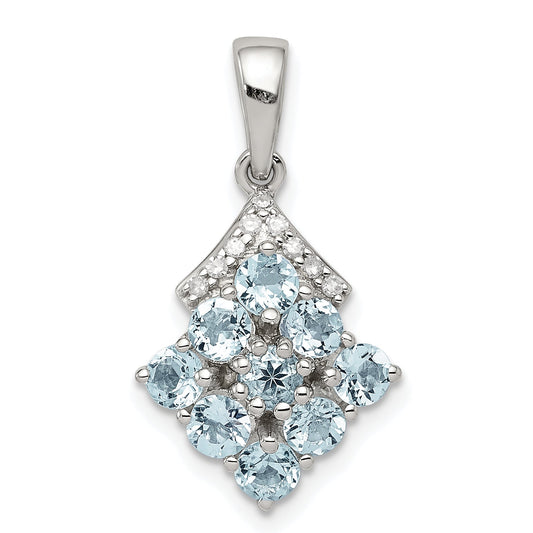 Sterling Silver Rhodium Plated Diamond & Aquamarine Pendant