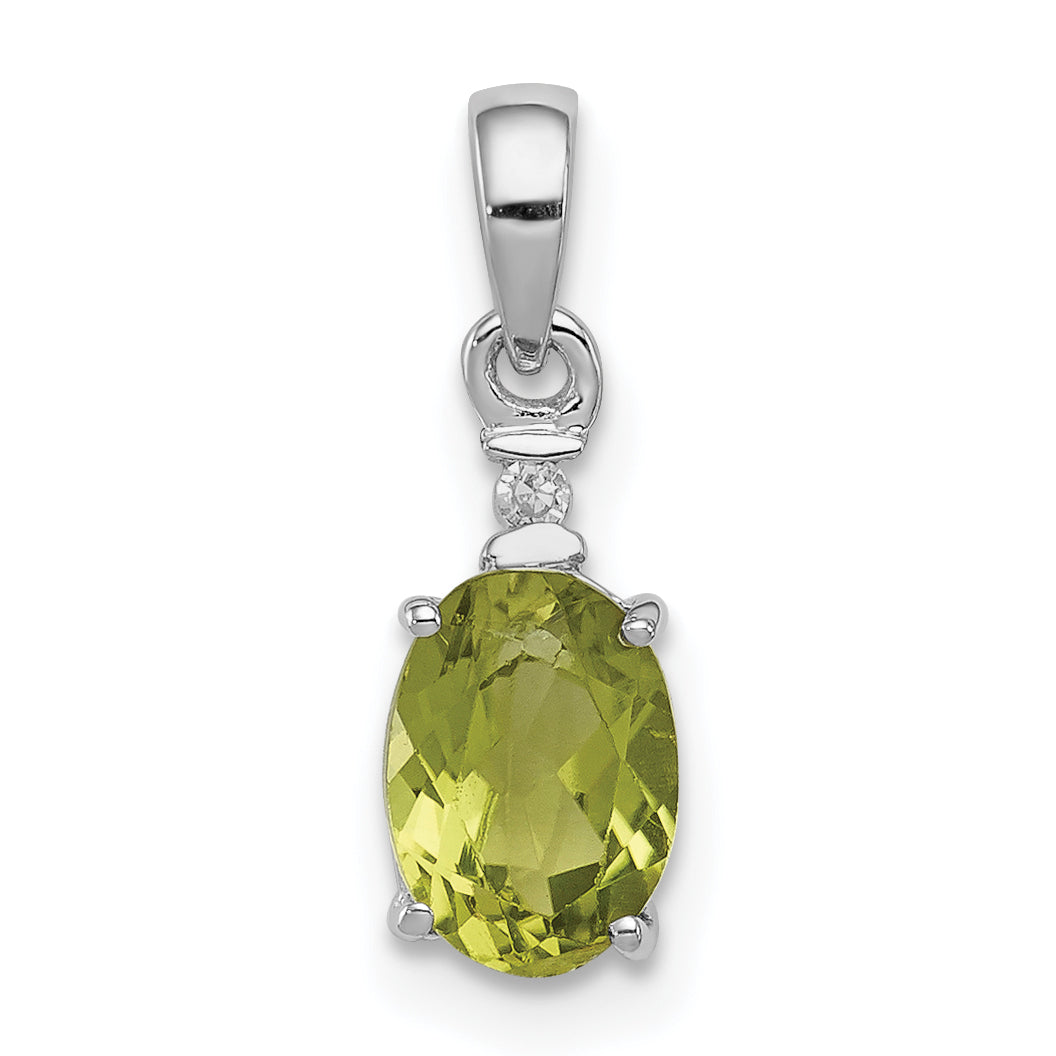 Sterling Silver Rhodium Plated Diamond And Peridot Oval Pendant
