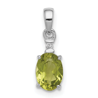 Sterling Silver Rhodium Plated Diamond And Peridot Oval Pendant