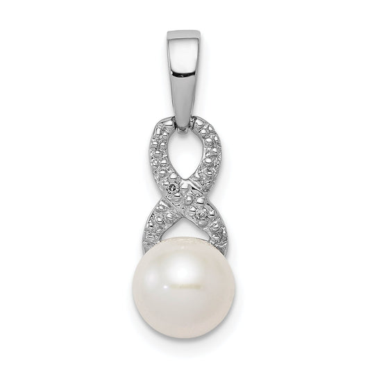 Sterling Silver Rhod Plated Diamond And Fw Cultured Pearl Pendant