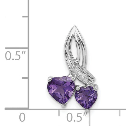 Sterling Silver Rh Plated Diamond And Amethyst Double Heart Chain Slide