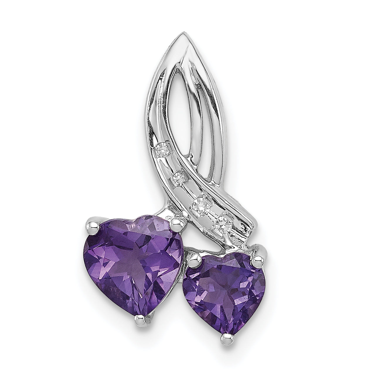 Sterling Silver Rh Plated Diamond And Amethyst Double Heart Chain Slide