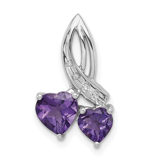 Sterling Silver Rh Plated Diamond And Amethyst Double Heart Chain Slide
