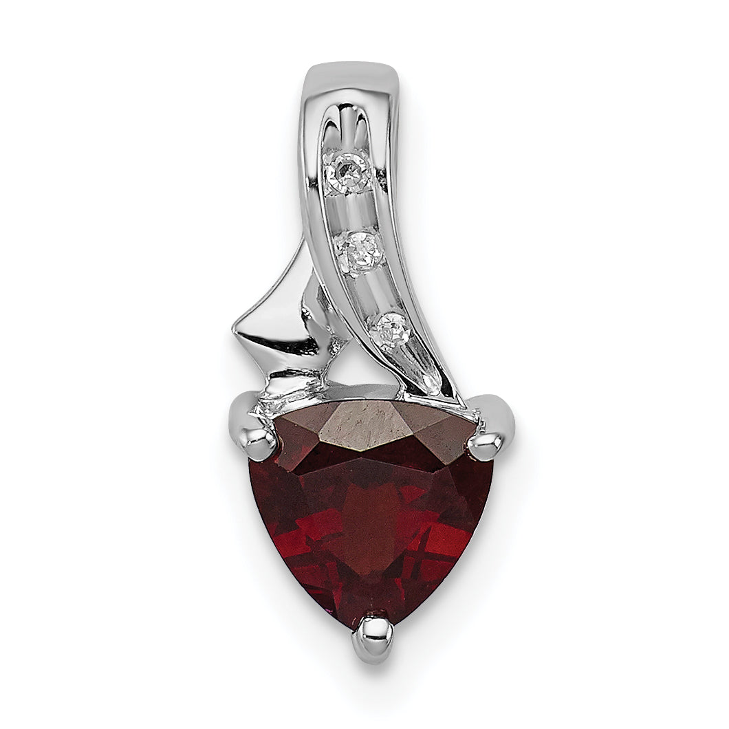 Sterling Silver Rhodium Plated Diamond And Garnet Trillion Pendant