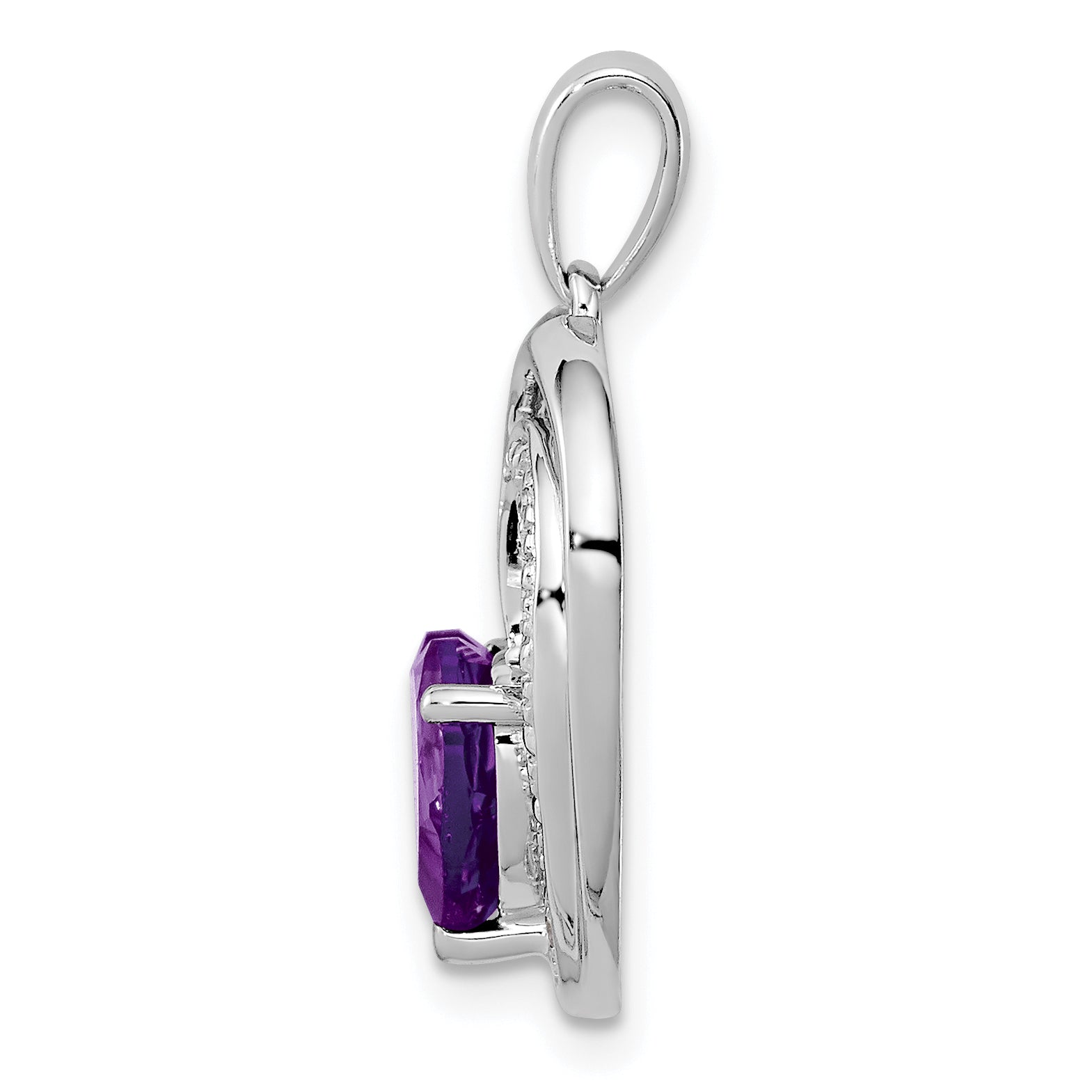 Sterling Silver Rhodium Plated Diamond And Amethyst Heart Pendant