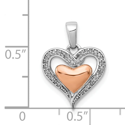 Sterling Silver Rhodium & 14K Rose Gold Diamond Heart Pendant