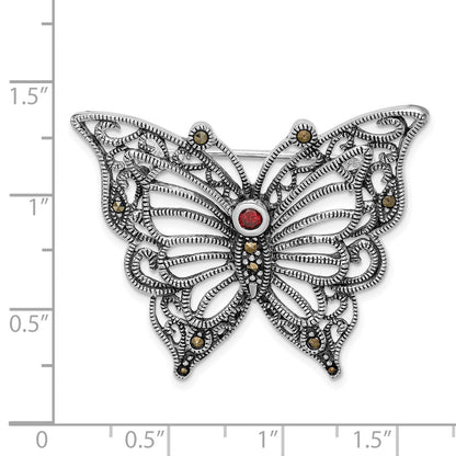 Sterling Silver Rhodium-Plated Marcasite Red Cz Butterfly Pin Brooch