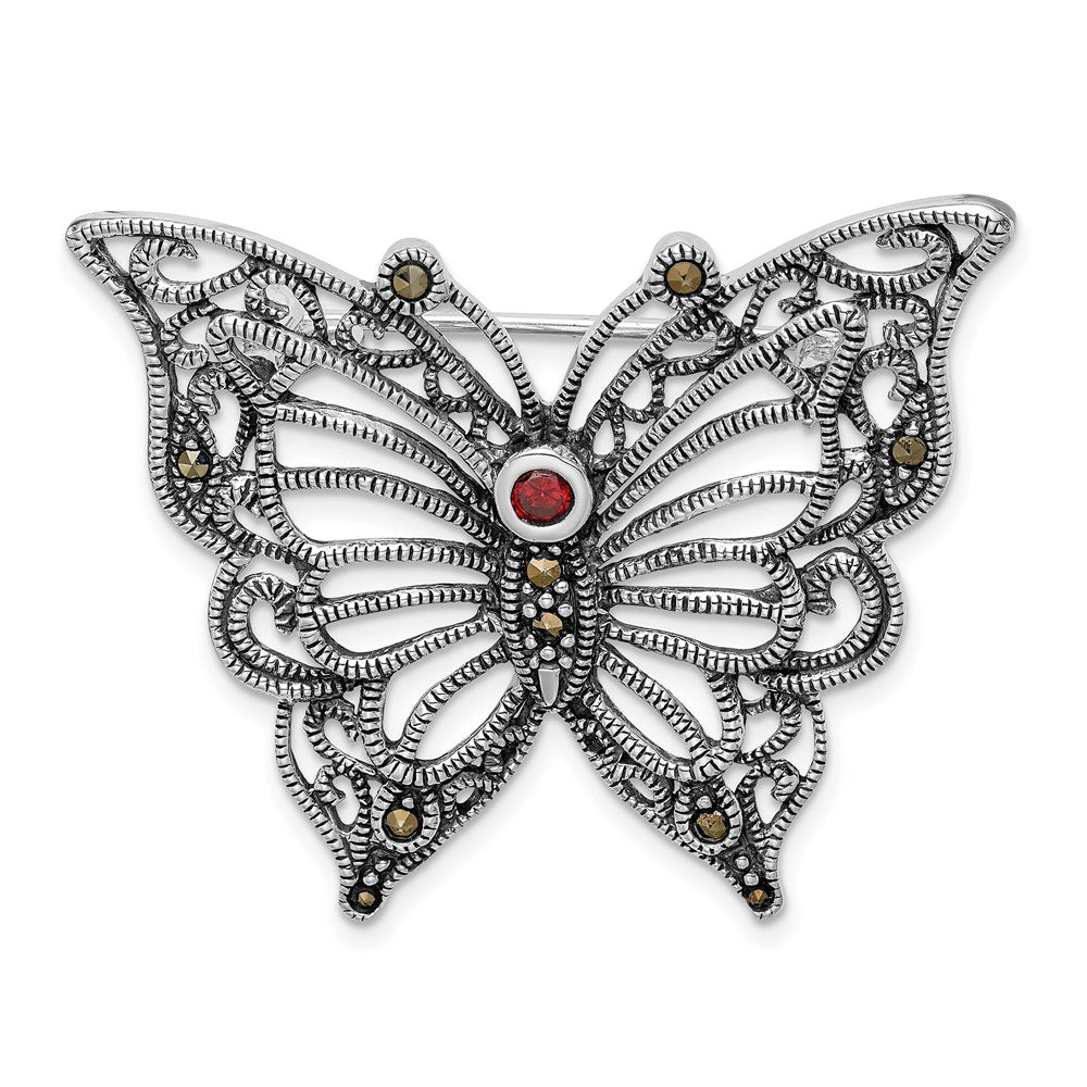 Sterling Silver Rhodium-Plated Marcasite Red Cz Butterfly Pin Brooch