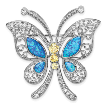 Sterling Silver Rhodium-Plated Created Opal Cz Butterfly Pin/Chain Slide