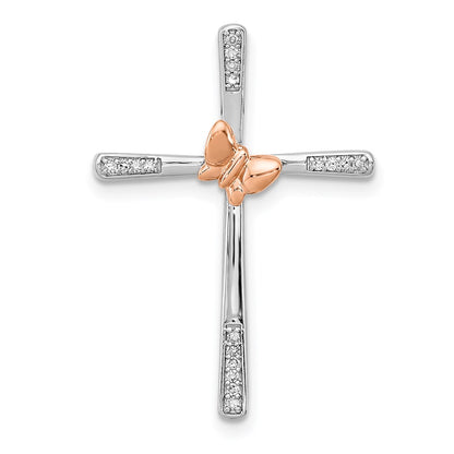 SS & 14k True Two-tone Rose Gold Butterfly Diamond Cross Pendant